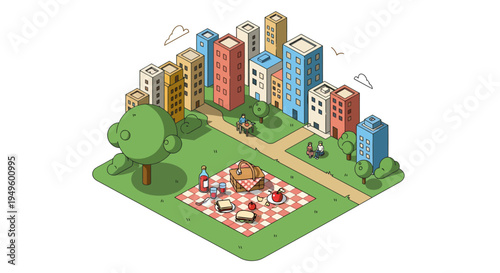 Isometric overhead view of a lively city park with people enjoying a picnic amidst green trees and colorful urban buildings.