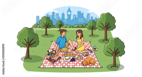 Happy couple and their pet dog enjoying a delightful picnic on a checkered blanket in a sunny green park with a cityscape backdrop.