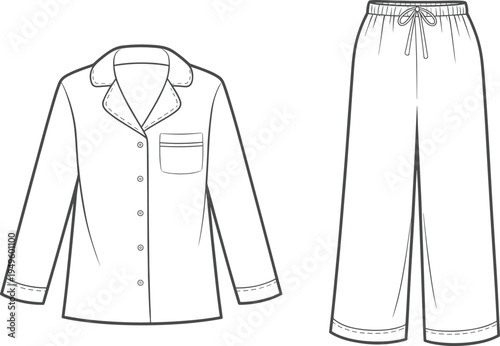 Women pajama set technical fashion illustration, long sleeve sleepwear top and pants line art template isolated on light background