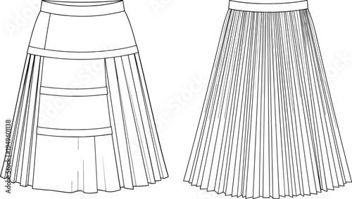 Women pleated skirt fashion technical drawing, high waisted midi length apparel template, asymmetrical paneled design, cad drawing flat vector illustration, blank.