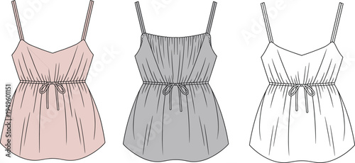 Women summer dress collection with spaghetti straps and drawstring waist, casual sleeveless fashion illustration set in pastel colors isolated on white background