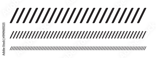 Set of dividers with slash lines. Borders with tilted parallel stripes. Embroidery ornament with black slanted stitches on white background. Abstract geometric print. Vector graphic illustration