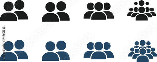 Set of minimalist flat people icons representing user profiles, team collaboration, leadership hierarchy, community growth, and diverse social group organization avatars.