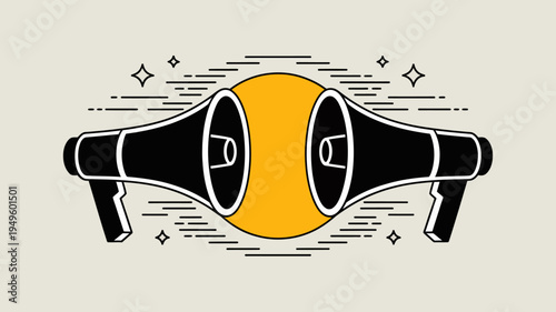 Two black megaphones face each other flanking a bright yellow circle on a beige background with star and line details high quality professional detailed modern elegant
