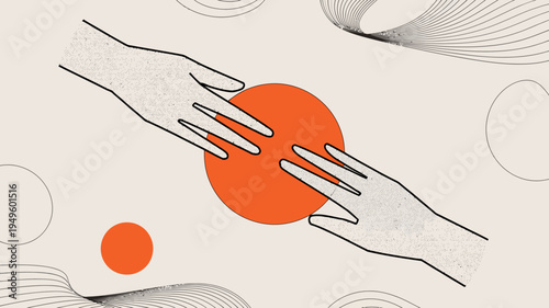 Two hands reach towards each other almost touching an orange circle set against a minimalist textured background high quality professional detailed modern elegant stylish clean crisp
