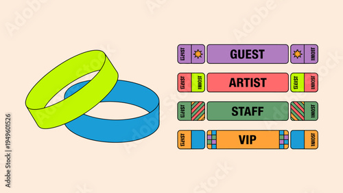A colorful illustration depicts stacked wristbands and rectangular badges labeled guest artist staff and vip against a peach background high quality professional detailed modern elegant stylish