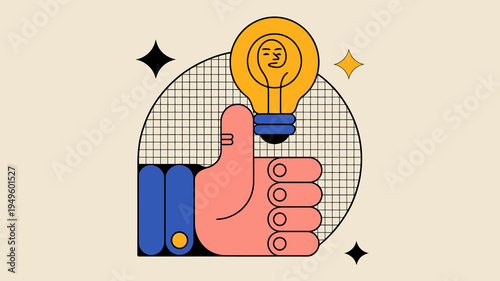 An illustration displays a hand giving a thumbs up to a lightbulb containing a serene face symbolizing a good idea high quality professional detailed modern elegant