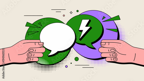 Two hands are shown interacting with overlapping speech bubbles containing a lightning bolt and geometric shapes high quality professional detailed modern elegant stylish clean crisp vibrant