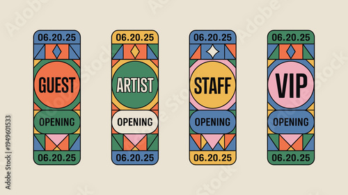 Four colorful vertically oriented badges are displayed each designated for guest artist staff and vip access high quality professional detailed modern elegant stylish clean crisp vibrant