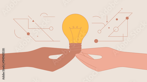 A pair of hands gently cradle a glowing lightbulb surrounded by abstract linear elements symbolizing ideas and creative thinking high quality professional detailed modern elegant stylish