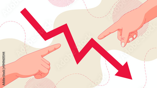 An illustration depicts a sharply declining red line graph with two hands pointing towards its downward trend symbolizing loss or failure high quality professional detailed modern