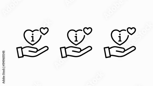 Three line art illustrations depict open hands gently cradling heart shaped icons containing a lowercase i symbol within high quality professional detailed modern elegant stylish clean