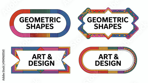 A vibrant graphic displays four labeled frames featuring colorful geometric shapes and patterns showcasing art and design elements high quality professional detailed modern elegant stylish clean