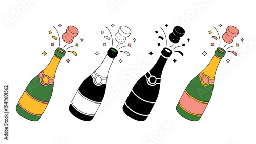 A festive illustration depicts champagne bottles popping showcasing variations in color schemes from full color to monochrome high quality professional detailed modern elegant stylish clean crisp