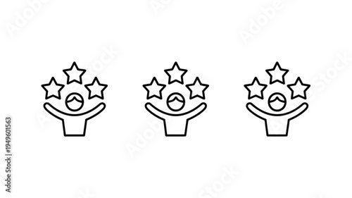 A minimalistic line art illustration depicts three figures with outstretched arms each surrounded by a cluster of five stars high quality professional detailed modern elegant stylish
