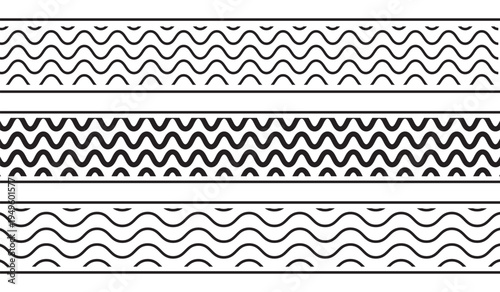 Set of horizontal borders with waves pattern isolated on white background. Tapes with thin and thick curvy lines print. Simple undulated ornaments. Vector graphic illustration
