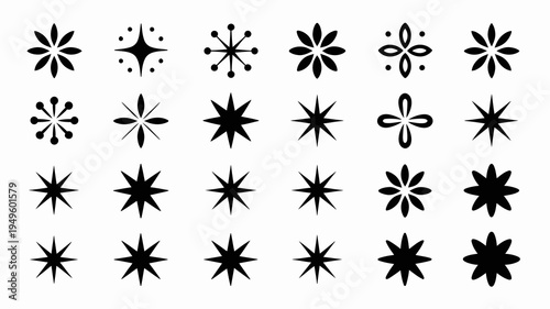 A collection of abstract black starburst shapes and geometric floral designs are arranged in rows on a plain white background high quality professional detailed modern elegant