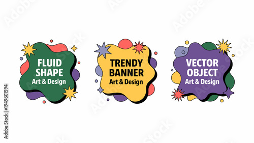 Three colorful abstract banners with fluid shapes and star accents showcase trendy design elements for art and design projects high quality professional detailed modern elegant stylish