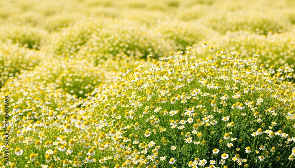 Fototapeta premium Daisy Field of dreams: a field is blanketed in a sea of delicate daisies, their white petals and yellow centers creating a breathtaking floral panorama. The sunlight bathes the scene in warmth.