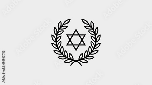 A minimalist line drawing presents a six pointed star commonly known as the star of david encircled by a wreath of laurel leaves high quality professional