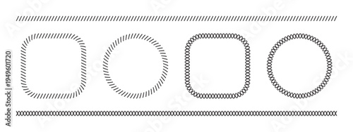 Set of borders and frames with slashes and crosses print. Slanted and crossed stitches embroidery ornaments isolated on white background. Sewing overlock fabric prints. Vector graphic illustration