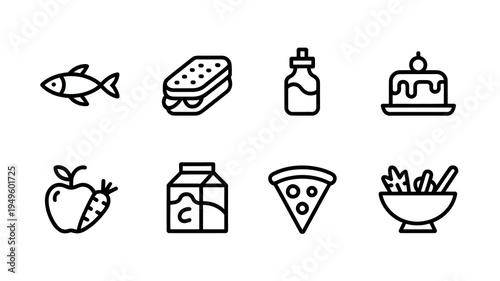 A collection of simple black and white line icons depicts various food items including fish sandwiches cake and fresh produce high quality professional detailed modern elegant