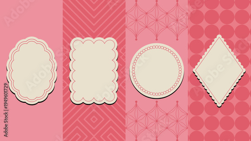 A vibrant repeating pattern of red and pink backgrounds features four decorative frames with scalloped edges suitable for design elements high quality professional detailed modern elegant