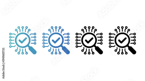 Four magnifying glasses inspecting circuit boards are depicted in varying shades of blue and black symbolizing quality control high quality professional detailed modern elegant stylish clean
