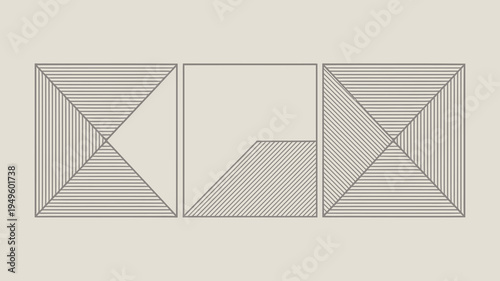 A minimalist geometric artwork displays three square panels each divided by diagonal lines and filled with varying linear patterns high quality professional detailed modern elegant stylish