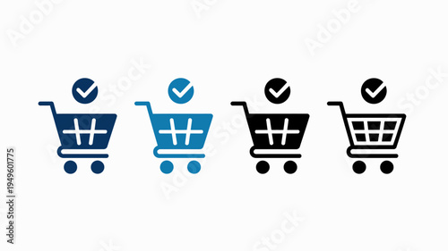 A set of four shopping cart icons are displayed varying in color and fill each marked with a checkmark symbol high quality professional detailed modern elegant