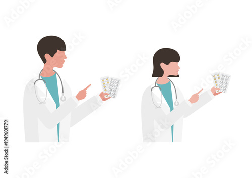 薬の説明をする医師のベクターイラスト素材セット（右向き）