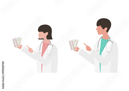 薬の説明をする医師のベクターイラスト素材セット（左向き）