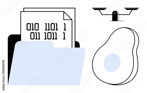 Data security, technology concepts, sustainable decisions, digital balance, abstract design, future trends. Folder with binary code, balance symbol and abstract avocado. Data management