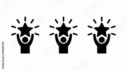 Three stylized black silhouettes of people raising their arms to catch falling stars depicting achievement or success high quality professional detailed modern elegant stylish clean crisp