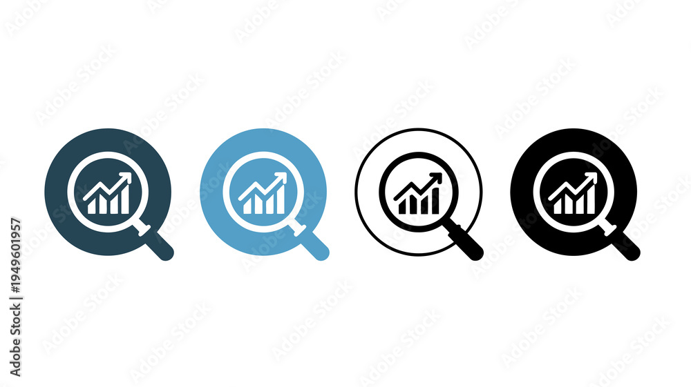 Αυτοκόλλητο Four variations of a magnifying glass over a bar graph icon are displayed showca