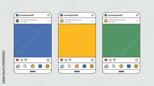 A minimalist illustration displays three smartphone screens each showcasing a different solid color background and basic social media icons high quality professional detailed modern elegant stylish