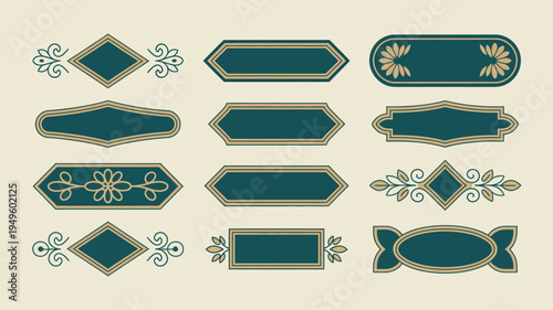 An assortment of decorative teal and gold frames and ribbons are displayed against a neutral beige background offering versatile design elements high quality professional detailed modern