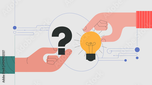 Two hands interact with a glowing lightbulb and a question mark within a circuit board design symbolizing innovation high quality professional detailed modern elegant stylish clean