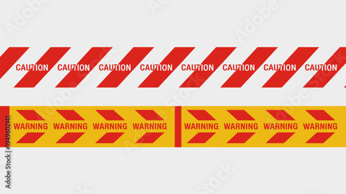 A visual representation of caution and warning tapes displayed with repeating text and angled stripes against white backgrounds high quality professional detailed modern elegant stylish clean