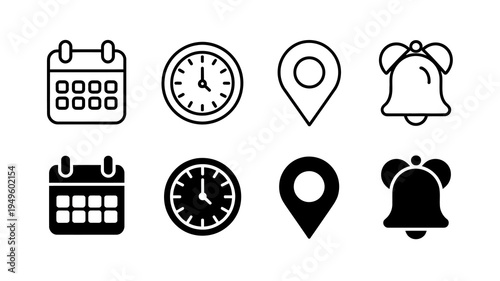 A collection of eight simple black and white icons depicting calendars clocks location pins and bells in both line and solid styles high quality professional detailed