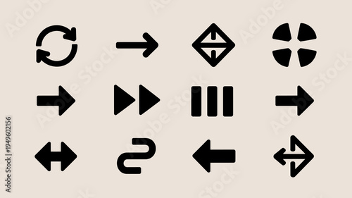 A collection of black arrow and geometric symbols are arranged on a neutral beige background showcasing diverse directional indicators high quality professional detailed modern elegant stylish