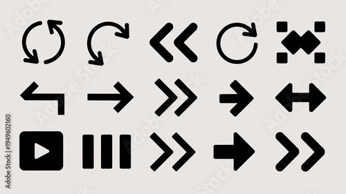 A collection of black arrow and looping icons are displayed against a pale beige background representing direction and process high quality professional detailed modern elegant stylish