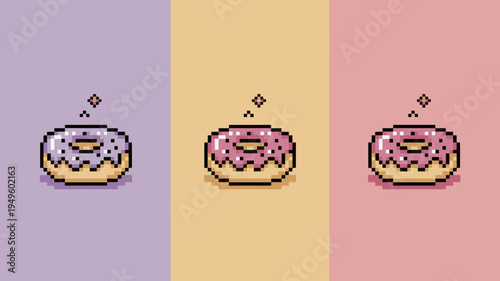 A trio of pixelated donuts with pink frosting are displayed against a gradient of pastel lavender peach and rose backgrounds high quality professional detailed modern elegant