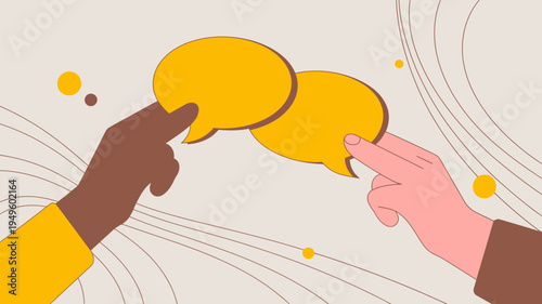 Two hands one with darker skin and one with lighter skin are interacting with overlapping yellow speech bubbles high quality professional detailed modern elegant stylish clean