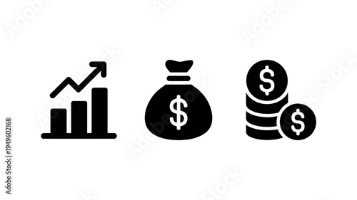 A set of three black glyph icons illustrates financial growth representing investment returns money bags and stacked coins high quality professional detailed modern elegant stylish clean
