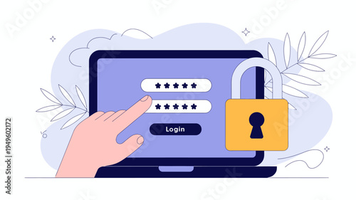 A hand hovers over a laptop displaying a login screen with password fields and a padlock symbolizing online security and data protection high quality professional detailed