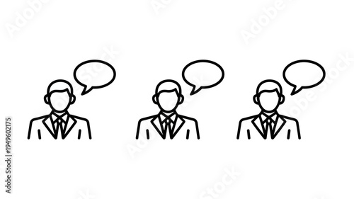 A simple black and white line drawing depicts three people each with a speech bubble indicating conversation or communication high quality professional detailed modern elegant stylish