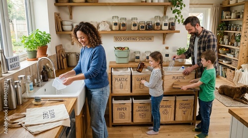 A family of four, including parents and two children, actively participates in sorting household waste into labeled recycling bins in their eco-friendly kitchen.