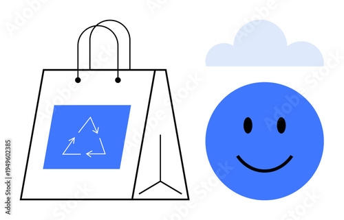 Eco-friendly shopping. Recyclable bag highlights environmentally sustainable practices. happy face s positivity in eco-friendly choices. For sustainability, recycling, eco-consumerism, green living