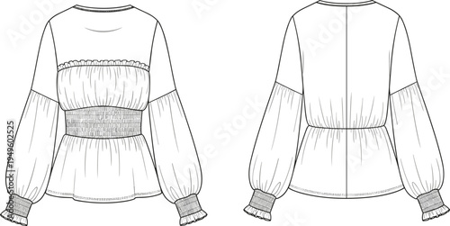 WebWomen's High Low Pleated Maxi Skirt Fashion Technical Sketch Flat Illustration Template for Apparel Design Mockup CAD Drawing with Elastic Waistband and Flare Hem